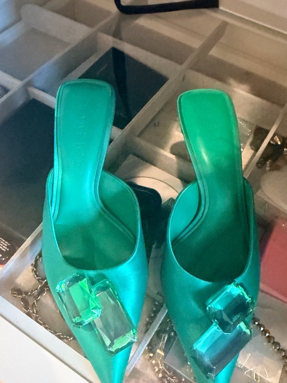 Gianni Bini Teal Satin Pointed-Toe Mules with Gem Embellishment - Picture 5 of 6